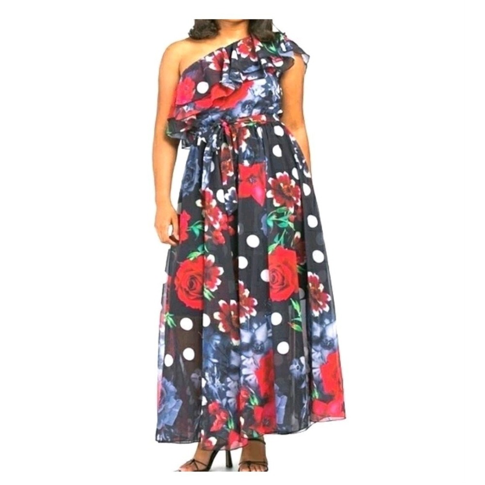 Dalia Macphee One Shoulder Maxi‎ Dress Size XL Beautiful Polka Dot Floral NWT